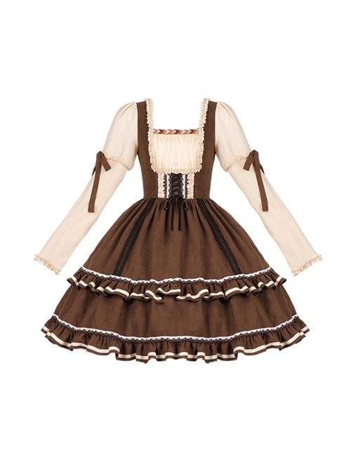 Fog Brown Series Retro Doll Sense Elegant Square Collar Chiffon Puff Sleeve Brown Sweet Lolita Long-Sleeved Dress