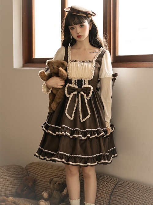 Fog Brown Series Retro Doll Sense Elegant Square Collar Chiffon Puff Sleeve Brown Sweet Lolita Long-Sleeved Dress