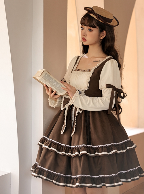 Fog Brown Series Retro Doll Sense Elegant Square Collar Chiffon Puff Sleeve Brown Sweet Lolita Long-Sleeved Dress