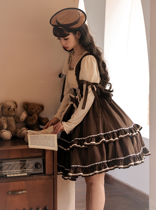 Fog Brown Series Retro Doll Sense Elegant Square Collar Chiffon Puff Sleeve Brown Sweet Lolita Long-Sleeved Dress