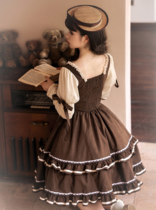 Fog Brown Series Retro Doll Sense Elegant Square Collar Chiffon Puff Sleeve Brown Sweet Lolita Long-Sleeved Dress