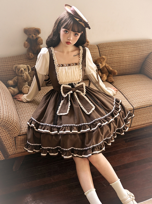 Fog Brown Series Retro Doll Sense Elegant Square Collar Chiffon Puff Sleeve Brown Sweet Lolita Long-Sleeved Dress