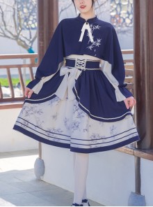 Chinese Style Stand-Up Collar Stitching One-Piece Cloak Bamboo Embroidery Printing School Lolita Long-Sleeved Dress