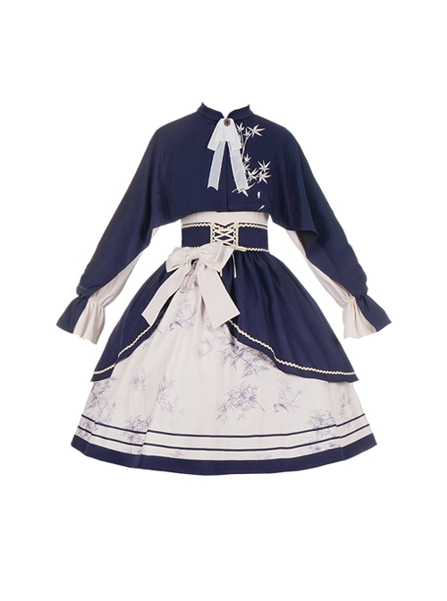 Chinese Style Stand-Up Collar Stitching One-Piece Cloak Bamboo Embroidery Printing School Lolita Long-Sleeved Dress