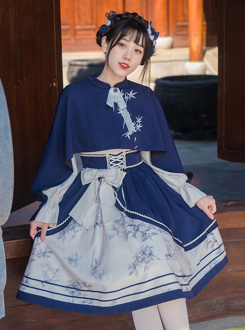 Chinese Style Stand-Up Collar Stitching One-Piece Cloak Bamboo Embroidery Printing School Lolita Long-Sleeved Dress