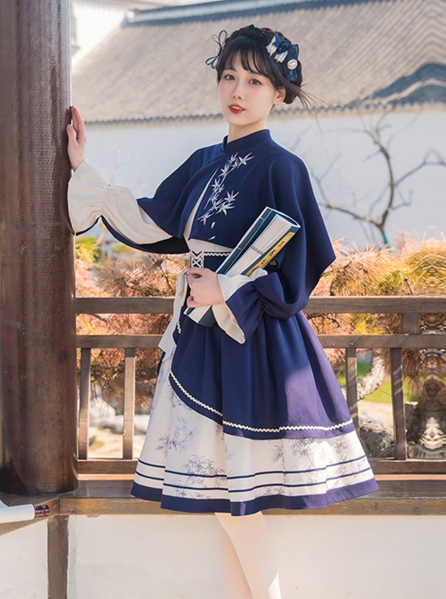 Chinese Style Stand-Up Collar Stitching One-Piece Cloak Bamboo Embroidery Printing School Lolita Long-Sleeved Dress