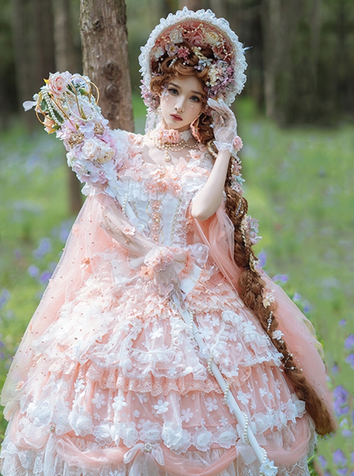Elf Fairy Series Retro Gorgeous Tea Party Elegant Square Neck Spring Pink Flowers Sweet Lolita Sleeveless Dress