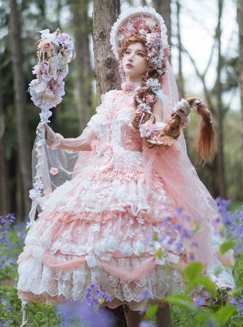 Elf Fairy Series Retro Gorgeous Tea Party Elegant Square Neck Spring Pink Flowers Sweet Lolita Sleeveless Dress