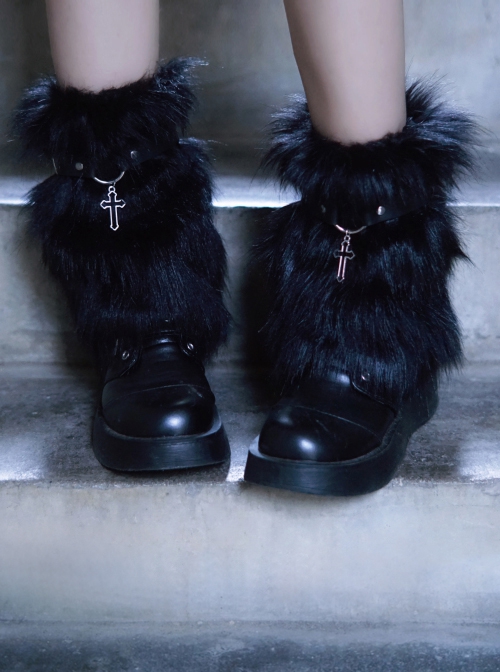 Black Plush Hollow Cross Decoration Simple Punk Lolita Leg Covers