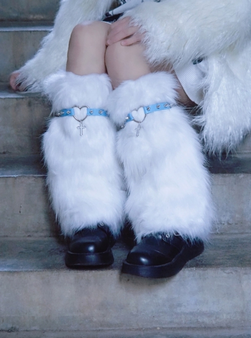 Handmade Hollow Love Cross Rivet Decorated White Plush Warm Punk Lolita Leg Covers