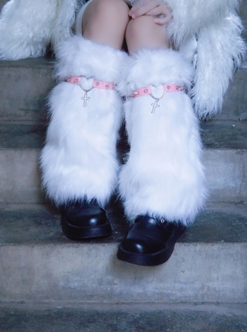 Pink Sweet PU Leather Rivet Love Cross Decoration White Plush Warm Punk Lolita Leg Covers