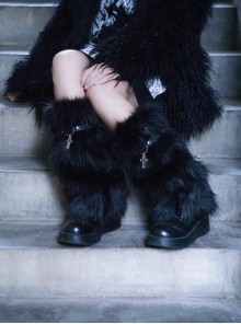 Black Plush Simple Warm PU Leather Hollow Cross Decoration Punk Lolita Leg Covers