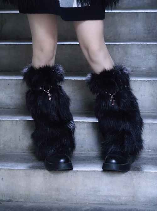 Black Plush Simple Warm PU Leather Hollow Cross Decoration Punk Lolita Leg Covers