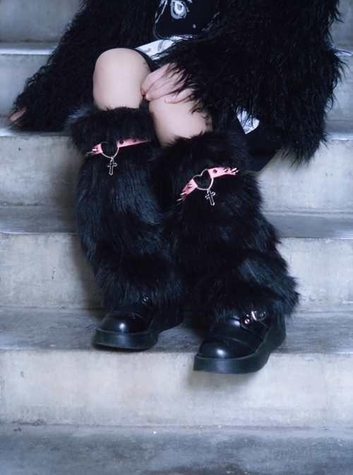 Autumn Winter Keep Warm Black Pink Contrast Color Rivet Cross Decoration Plush Punk Lolita Leg Covers