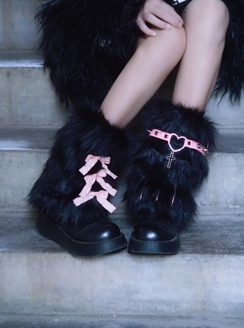 Sweet Bowknot Asymmetric Heart Hollow Cross Rivet Decorated Black Plush Warm Punk Lolita Leg Covers