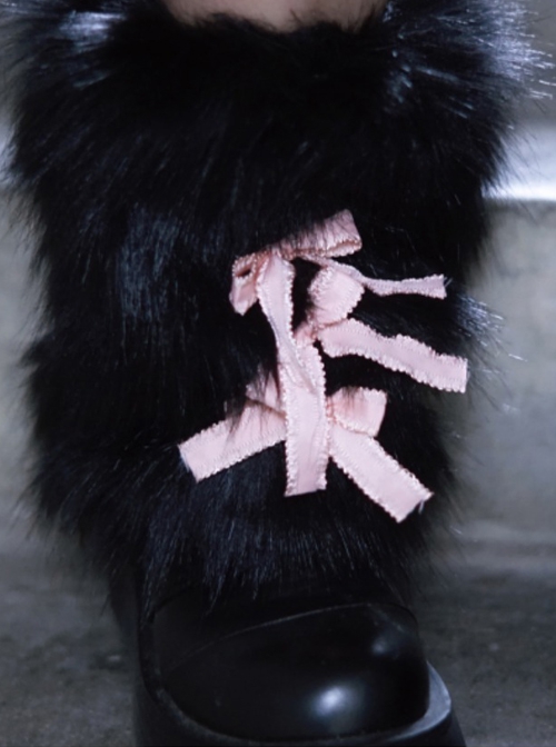 Sweet Bowknot Asymmetric Heart Hollow Cross Rivet Decorated Black Plush Warm Punk Lolita Leg Covers
