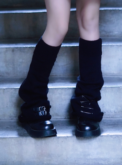 Black Heart Buckle Pin Decorate Handwork Knitted Asymmetrical Punk Lolita Leg Covers