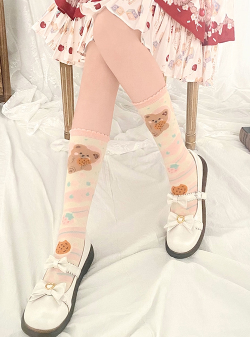 Pink Knitted Cute Bear Biscuit Print Sweet Lolita Socks