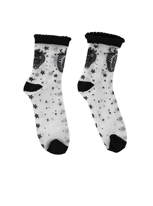 Summer Black Strawberry Star Print Glass Silk Classic Lolita Socks