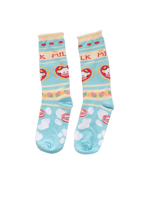 Milk Sugar Series Small Flower Donut Calf Print Blue Knitted Sweet Lolita Socks