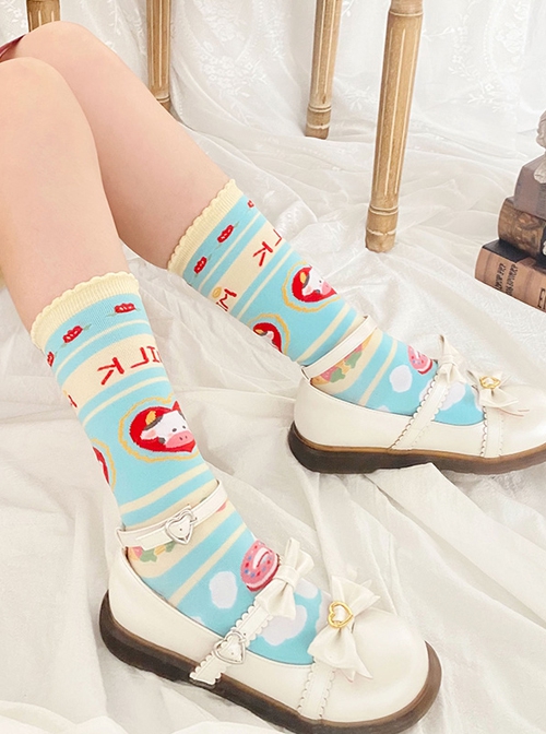 Milk Sugar Series Small Flower Donut Calf Print Blue Knitted Sweet Lolita Socks