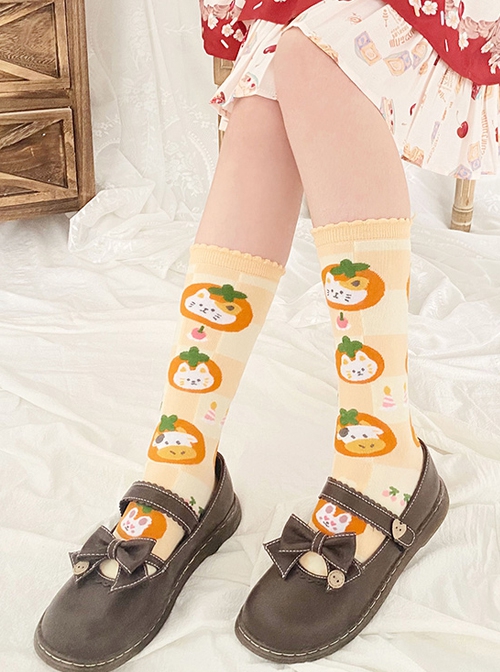 Small Orangery Series Orange Cute Kitten Calf Sweet Lolita Knitted Socks