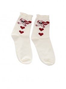 Little Bear Companion Series Red Love Cute Little Bear Classic Lolita White Knitted Socks