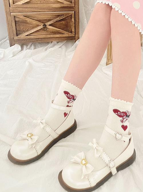 Little Bear Companion Series Red Love Cute Little Bear Classic Lolita White Knitted Socks