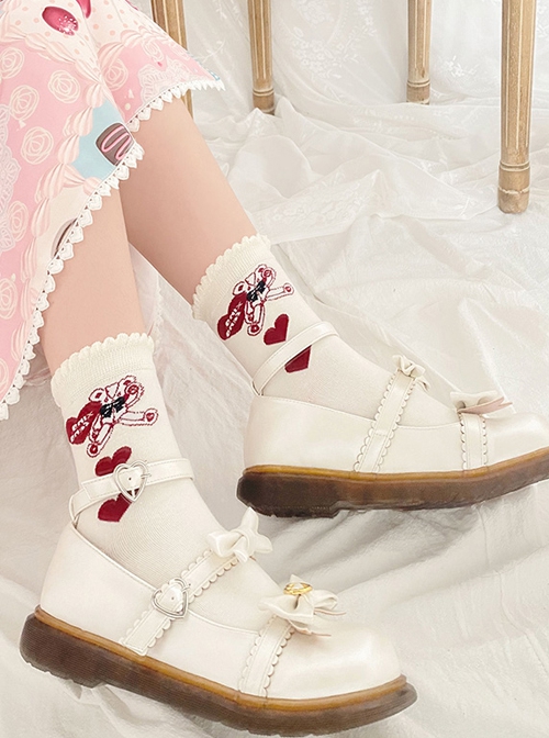 Little Bear Companion Series Red Love Cute Little Bear Classic Lolita White Knitted Socks