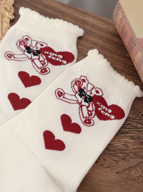 Little Bear Companion Series Red Love Cute Little Bear Classic Lolita White Knitted Socks