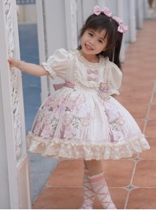 Cute Rabbit Print Puff Sleeve Bowknot Decoration Sweet Lolita Kids Short Sleeve Dress