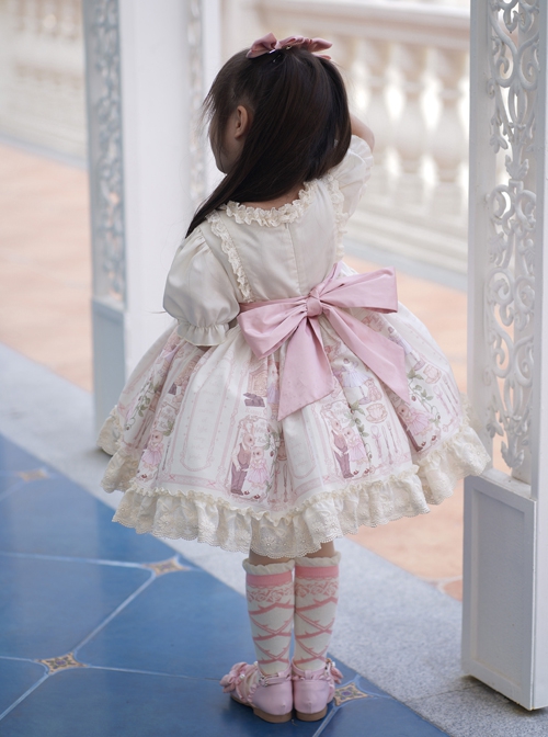 Cute Rabbit Print Puff Sleeve Bowknot Decoration Sweet Lolita Kids Short Sleeve Dress