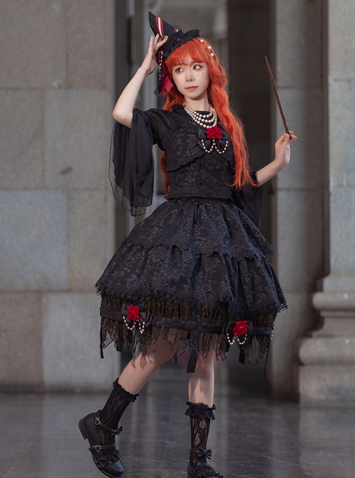 Trainee Witch Series Black Square Neck Rose Jacquard Gothic Lolita Sleeveless Top Skirt Split Suit