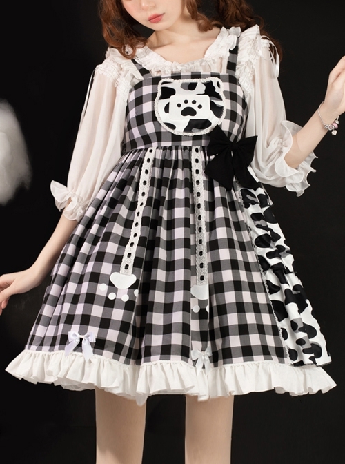 Meow Claw Planet Series Black-White Plaid Cute Cat Claw Leopard Print Bowknot Sweet Lolita Sleeveless Dress