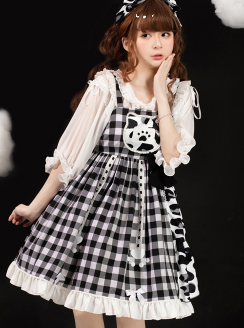 Meow Claw Planet Series Black-White Plaid Cute Cat Claw Leopard Print Bowknot Sweet Lolita Sleeveless Dress