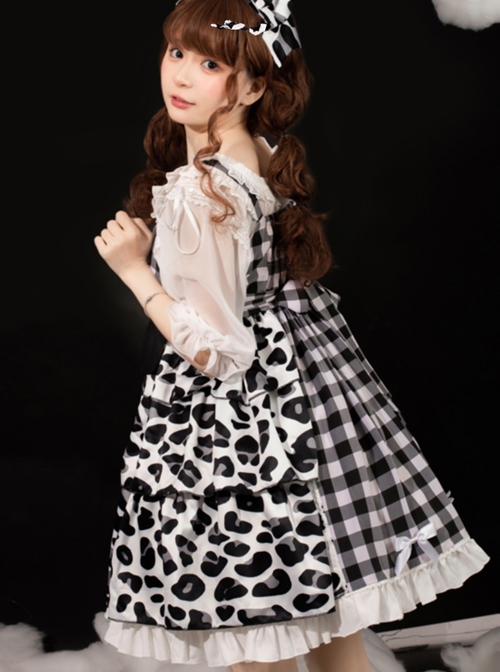 Meow Claw Planet Series Black-White Plaid Cute Cat Claw Leopard Print Bowknot Sweet Lolita Sleeveless Dress