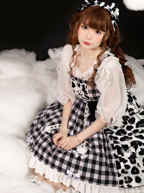 Meow Claw Planet Series Black-White Plaid Cute Cat Claw Leopard Print Bowknot Sweet Lolita Sleeveless Dress