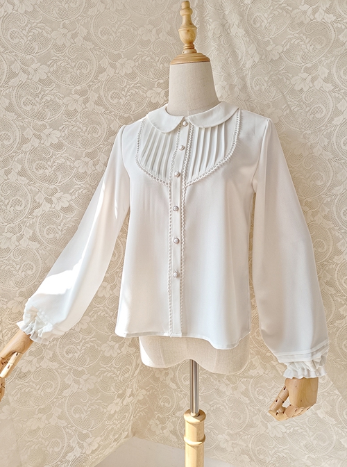 White Chiffon Doll Collar Simple Cute Daily Commuting All-Match Classic Lolita Long-Sleeved Shirt