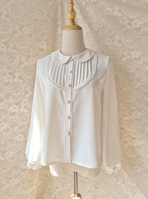 White Chiffon Doll Collar Simple Cute Daily Commuting All-Match Classic Lolita Long-Sleeved Shirt