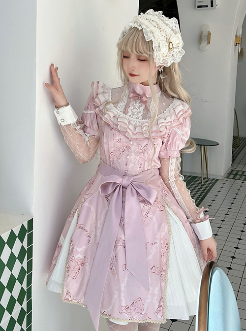 Sweetheart Witch Series Stand Collar Translucent Mesh Design Stitching Sleeves Printed Lace Sweet Lolita Long-Sleeved Dress
