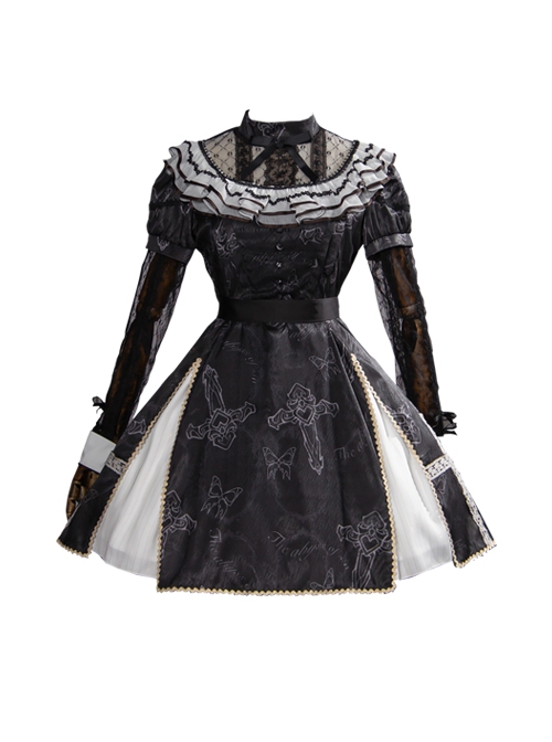 Sweetheart Witch Series Stand Collar Translucent Mesh Design Stitching Sleeves Printed Lace Sweet Lolita Long-Sleeved Dress