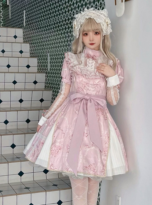 Sweetheart Witch Series Stand Collar Translucent Mesh Design Stitching Sleeves Printed Lace Sweet Lolita Long-Sleeved Dress