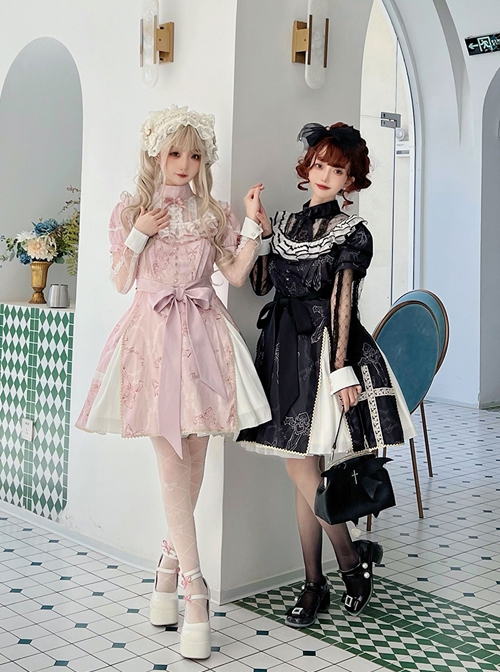 Sweetheart Witch Series Stand Collar Translucent Mesh Design Stitching Sleeves Printed Lace Sweet Lolita Long-Sleeved Dress