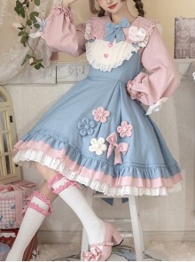 Plum Flower Snow Rabbit Series Sweet Lolita Blue Pink Plum Flower Bowknot Decoration Long Sleeve Shirt Sleeveless Dress Set