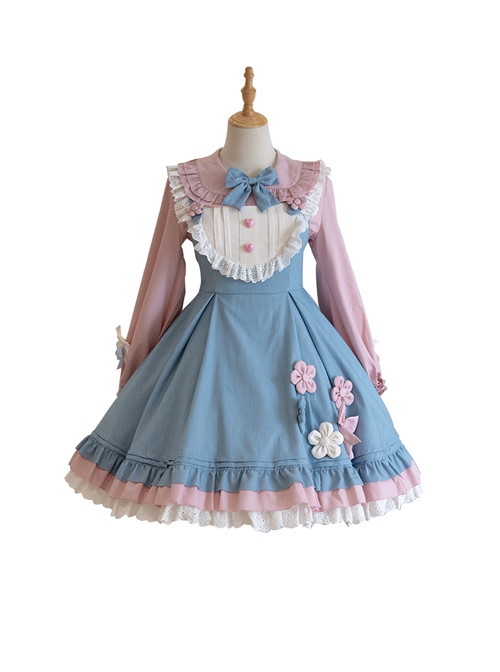 Plum Flower Snow Rabbit Series Sweet Lolita Blue Pink Plum Flower Bowknot Decoration Long Sleeve Shirt Sleeveless Dress Set