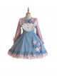 Plum Flower Snow Rabbit Series Sweet Lolita Blue Pink Plum Flower Bowknot Decoration Long Sleeve Shirt Sleeveless Dress Set