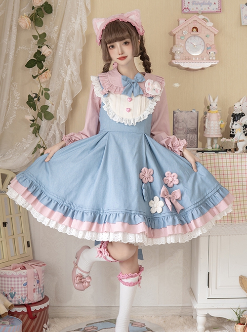 Plum Flower Snow Rabbit Series Sweet Lolita Blue Pink Plum Flower Bowknot Decoration Long Sleeve Shirt Sleeveless Dress Set