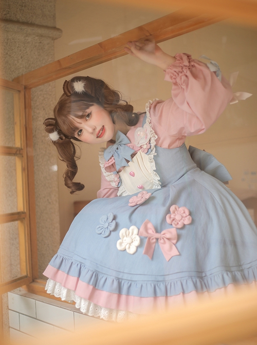 Plum Flower Snow Rabbit Series Sweet Lolita Blue Pink Plum Flower Bowknot Decoration Long Sleeve Shirt Sleeveless Dress Set