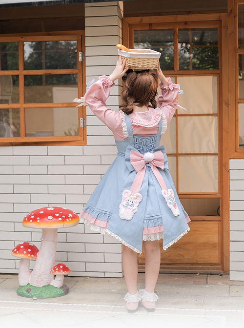 Plum Flower Snow Rabbit Series Sweet Lolita Blue Pink Plum Flower Bowknot Decoration Long Sleeve Shirt Sleeveless Dress Set