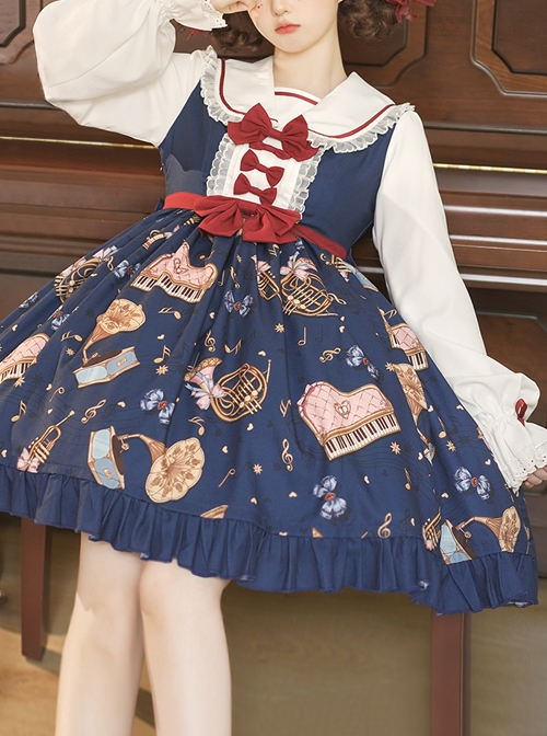 Bear Orchestra Series Retro British Style Piano Note Printing Bowknot Cute Elegant Sweet Lolita Long-Sleeved Dress